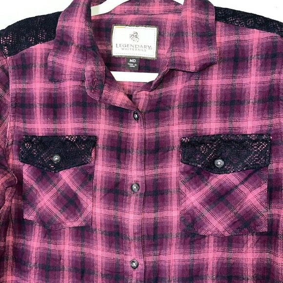 Legendary Whitetails Shirt Wmns Med Flannel Button Down Plaid Faux Lace Western - Picture 2 of 10